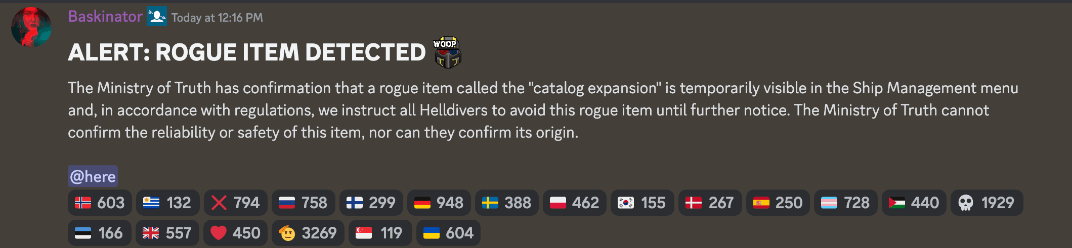 screenshot of baskinator on helldivers 2 discord teasing catalog expansion "rogue item detected"